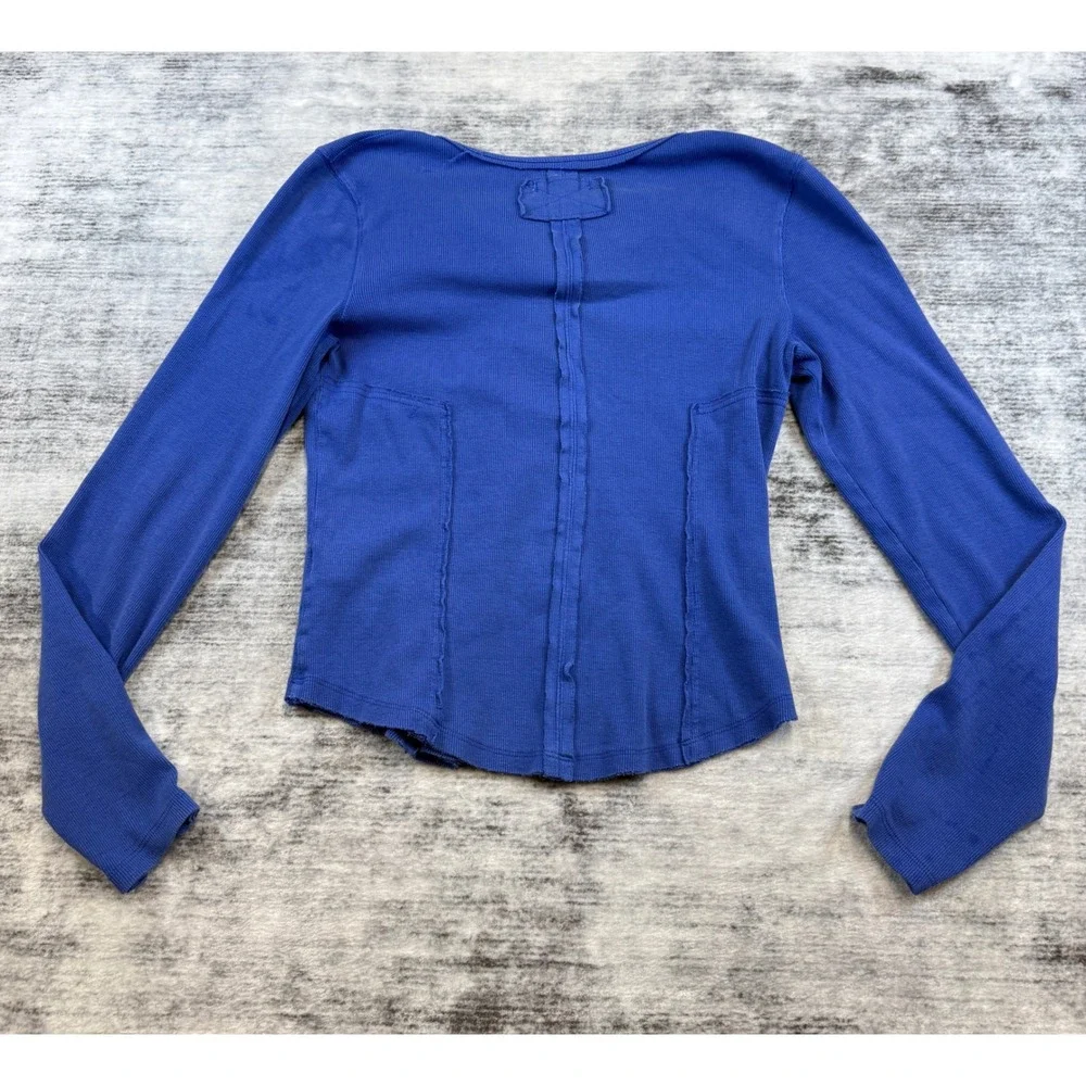DIY We The Free Free People Blue Henley Thermal Waffle Knit Long Sleeve Top L - Picture 2 of 9